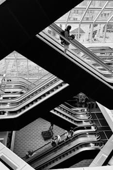 Black and white image of people on intersecting escalators in a modern architectural setting.