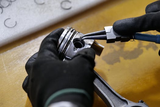 Gloved hands working on a piston rod in a workshop setting. Industrial repair scene.