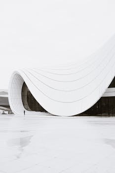 Minimalist view of the Heydar Aliyev Center's curving white facade in Baku, Azerbaijan.