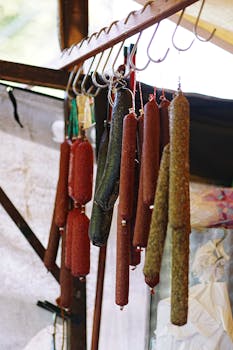 A variety of sausages hanging in a rustic market stall, showcasing vibrant textures.