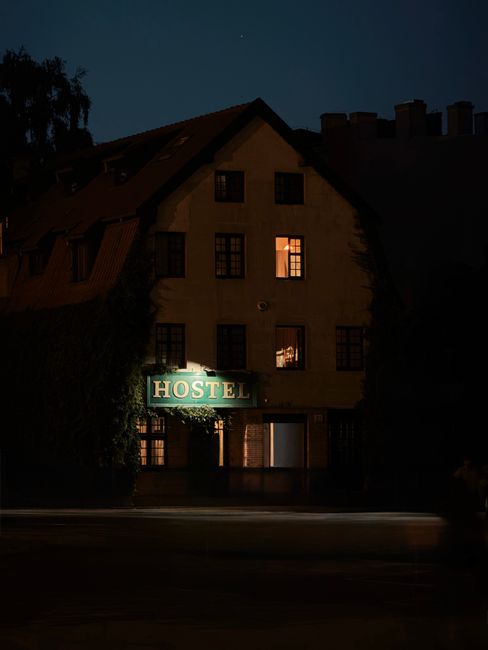 Exterior view of a budget hostel in Krakow