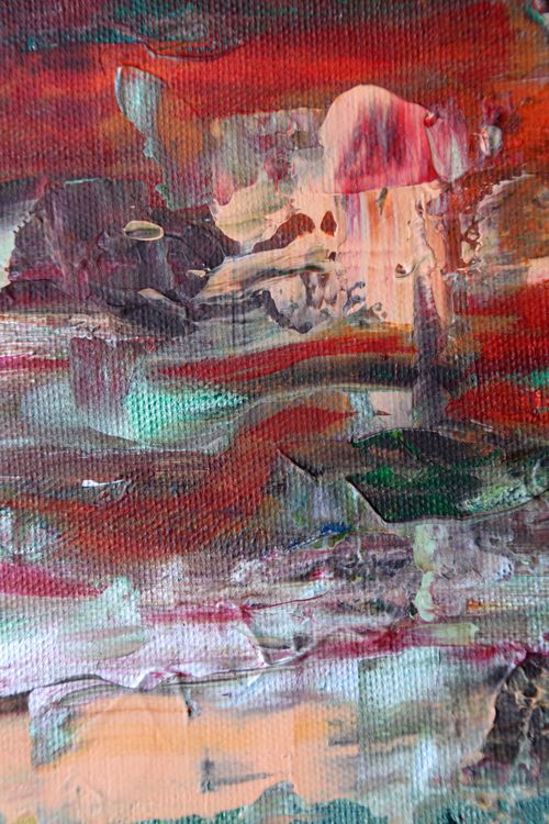 Layered abstract painting in red and green — photo by Paul Blenkhorn @SensoryArtHouse on Pexels