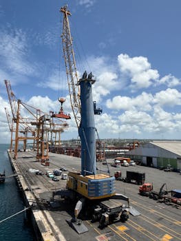 Large cargo cranes and a busy dockside in an industrial port on a sunny day.