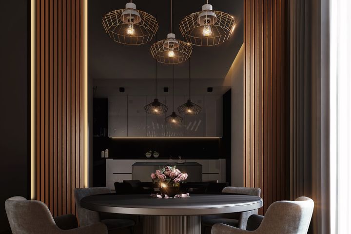 Pendant light installation over a dining table in Orem Gray dining table under a row of modern pendant lamps