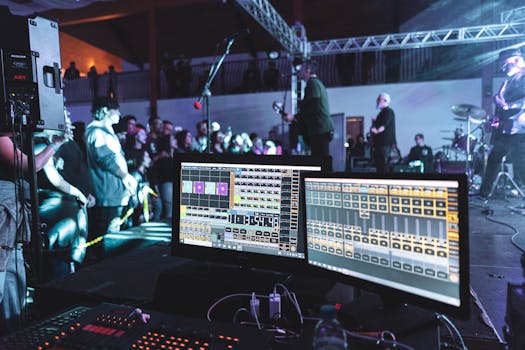 Live concert scene with sound engineering setup and band on stage.