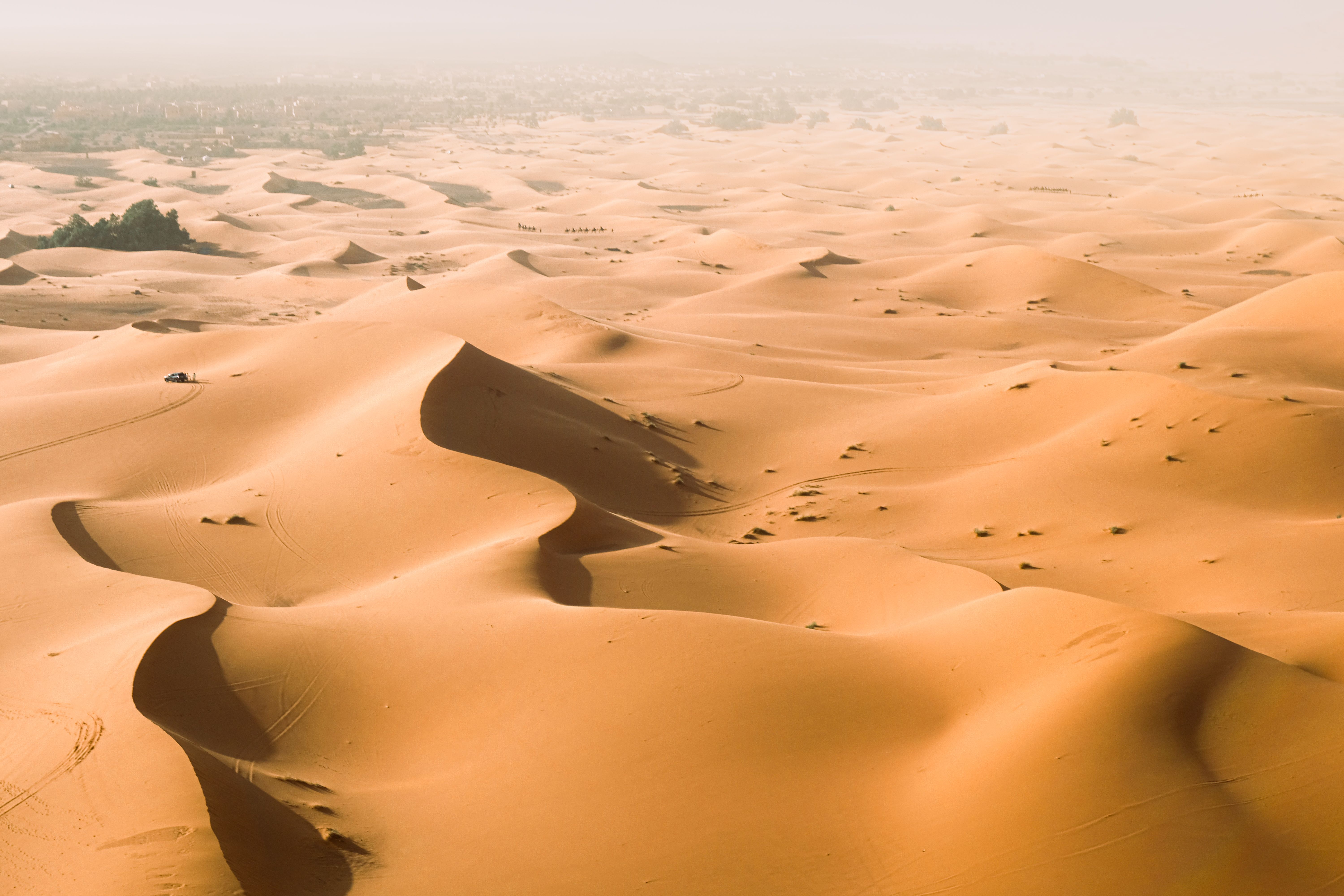 Expansive golden sand dunes in the Sahara desert near Merzouga