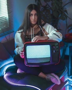 一位长发年轻女子在情绪多变、氛围浓厚的房间里，手持一台屏幕静止的老式电视机