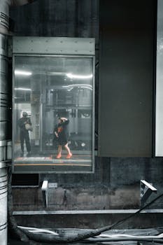 Reflective scene capturing people in a Japanese subway station with urban backdrop.