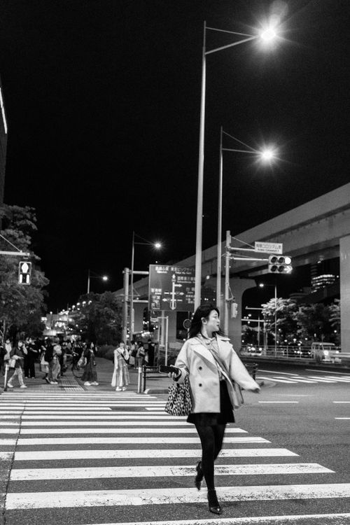 Free Monochromatic photo of a busy Tokyo crosswalk at night. Stock Photo