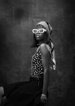 Elegant black and white portrait of a stylish woman in retro fashion.