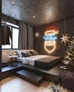 现代卧室用圣诞节日灯营造出舒适的氛围