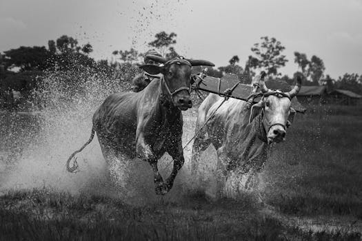 Dynamic black and white photo of bulls racing in a rural setting, capturing local traditions.