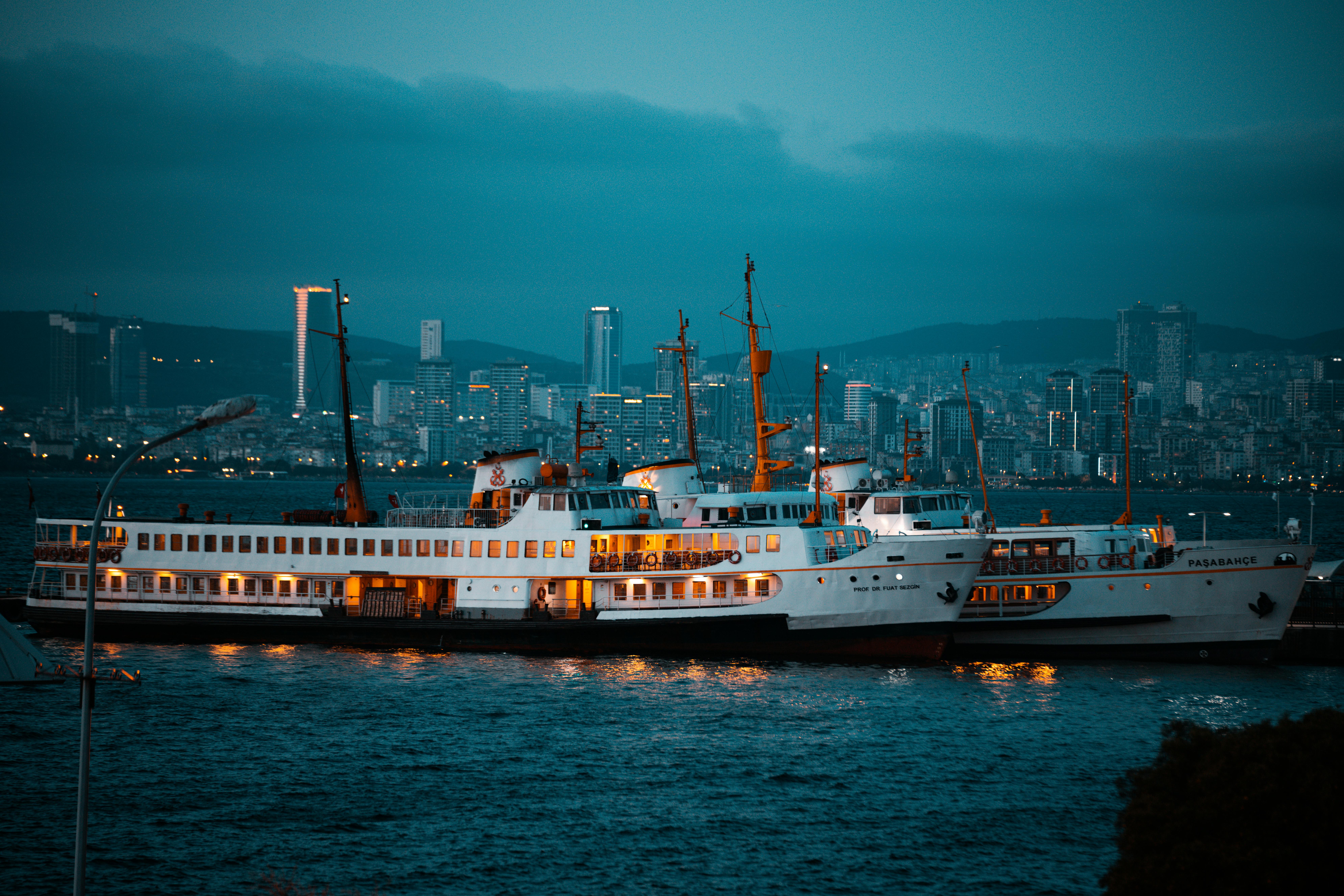 Ferry boats illuminated at twilight with a city skyline backdrop, creating a serene waterfront scene.