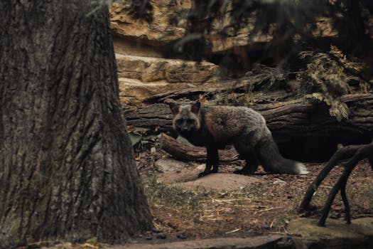 A solitary gray fox stands among trees and rocks in a tranquil forest.
