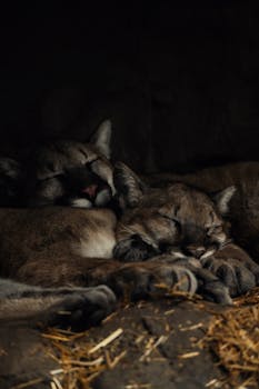 Close-up of two peaceful cougars sleeping together in their natural habitat, showcasing tranquility in wildlife.