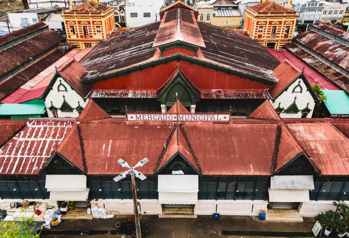 Historic Mercado Municipal in Manaus, Brazil, showcasing classic architecture from above.