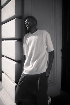 Black and white photo of a man leaning against a building wall, exuding a pensive mood.