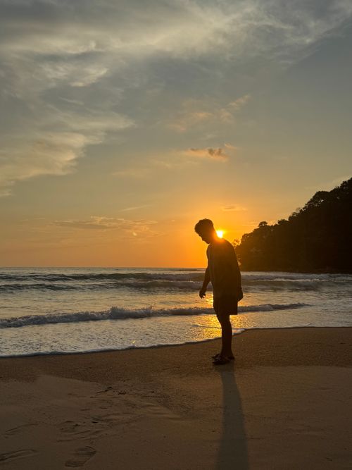 Free A man stands on a tranquil beach during a vibrant sunset, casting a long shadow. Stock Photo