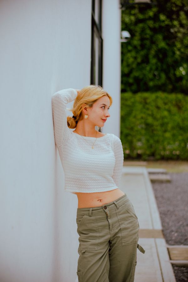 Henley top with olive cargo pants