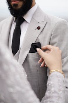 Close-up of an elegant man in a grey suit with a hand adjusting a black pocket square.