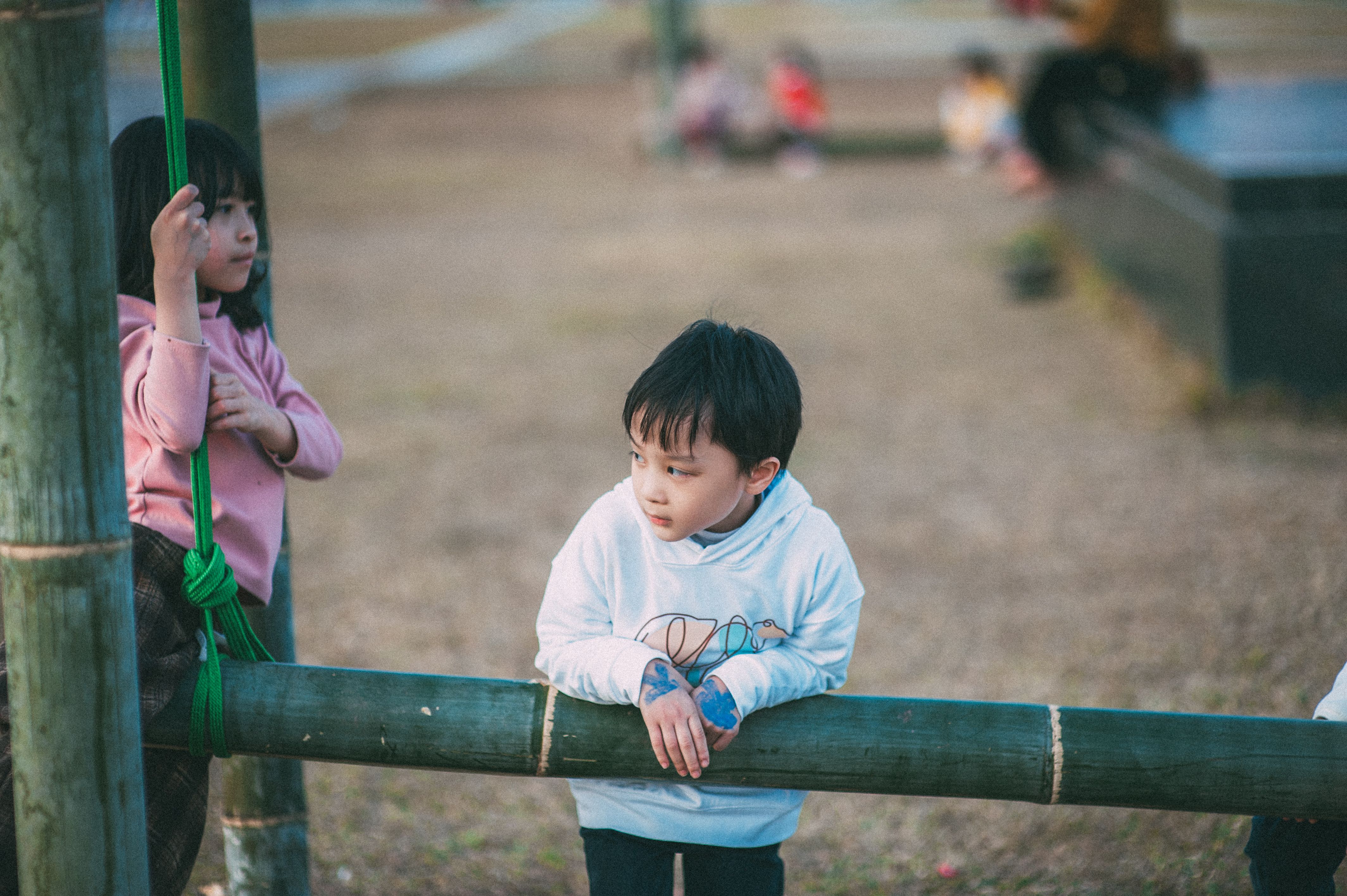 Young kids enjoying playtime outdoors on a wooden structure in a park setting.