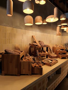 A rustic display of artisan breads illuminated by warm pendant lights in a cozy bakery setting.