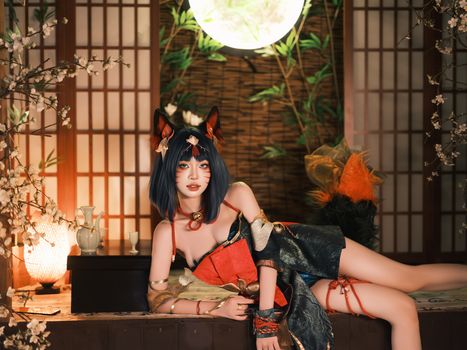 Creative cosplay photo featuring a character in a Japanese-themed setting.