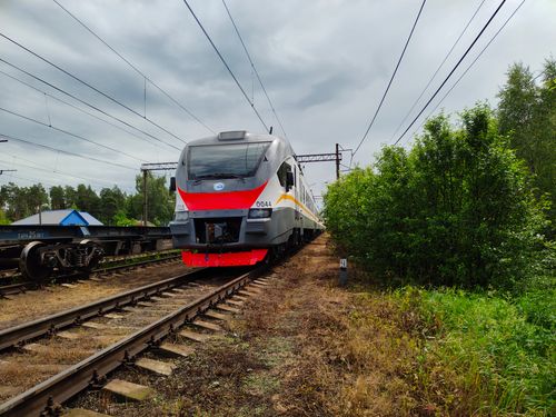 Free A sleek modern train travels through lush countryside on a cloudy day, showcasing advanced rail technology. Stock Photo