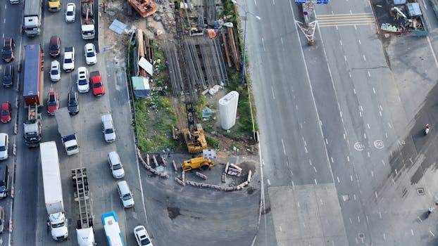 Aerial view of traffic congestion and construction site in Ho Chi Minh City, Vietnam.