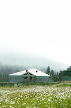 Serene mountain house surrounded by wildflowers in a misty landscape, perfect for peaceful retreats.