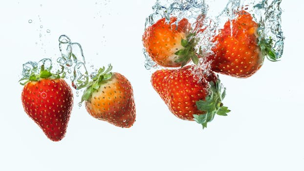 Dynamic capture of strawberries splashing in water, creating an energetic scene.