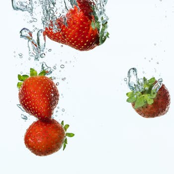 Juicy strawberries diving into water, creating a vibrant splash effect.