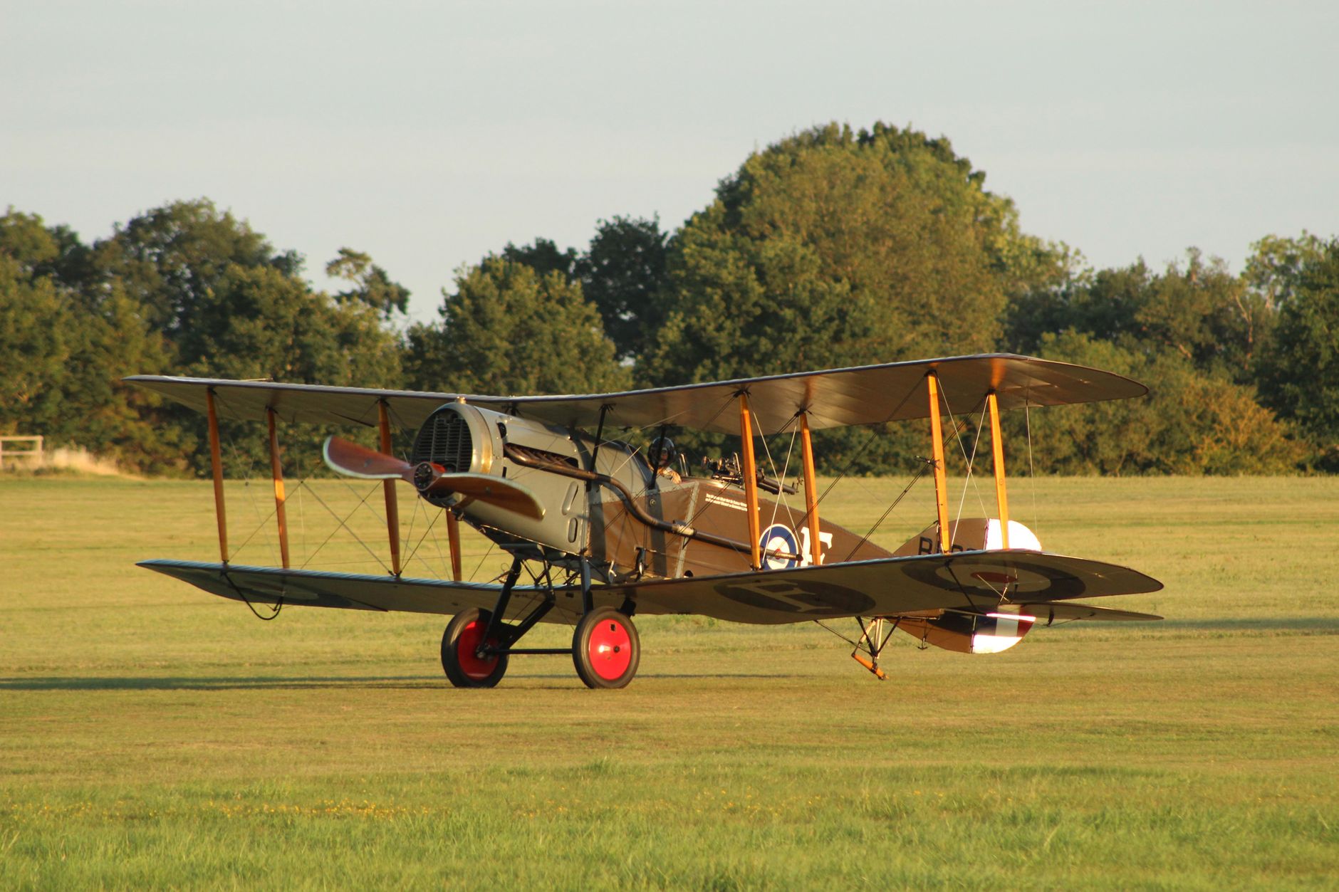 Historic World War I biplane on display outdoors, showcasing classic aviation design.