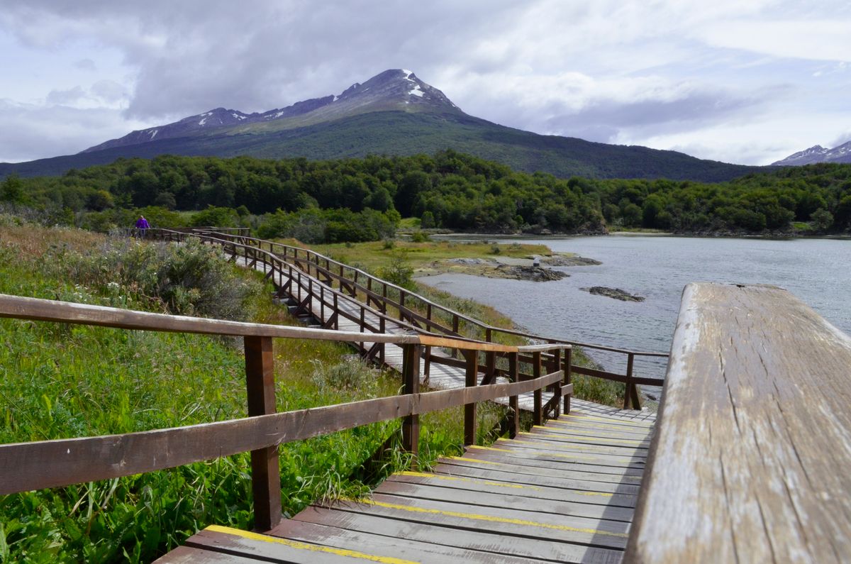 A wooden boardwalk through open grassland toward a snow-streaked peak, a lake running alongside, inside Tierra del Fuego National Park.