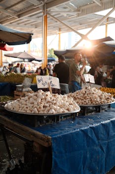 Vibrant market scene featuring garlic and diverse vendors under sunlight.