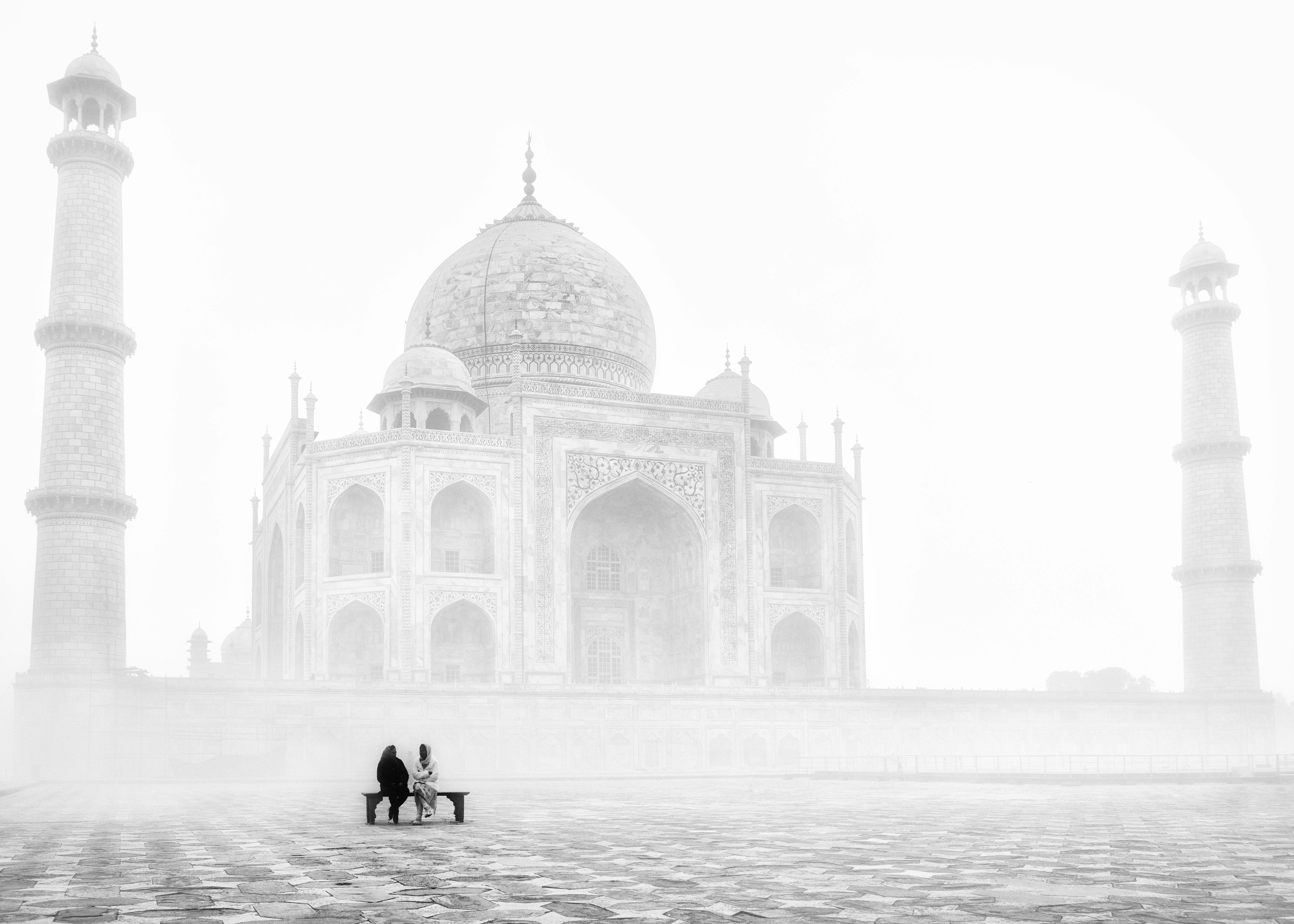 monochrome photo of taj mahal site