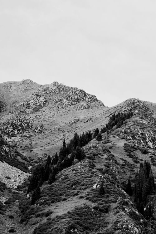 Free Stunning black and white photo of Alma-Arasan mountains in Almaty, Kazakhstan, highlighting natural beauty. Stock Photo