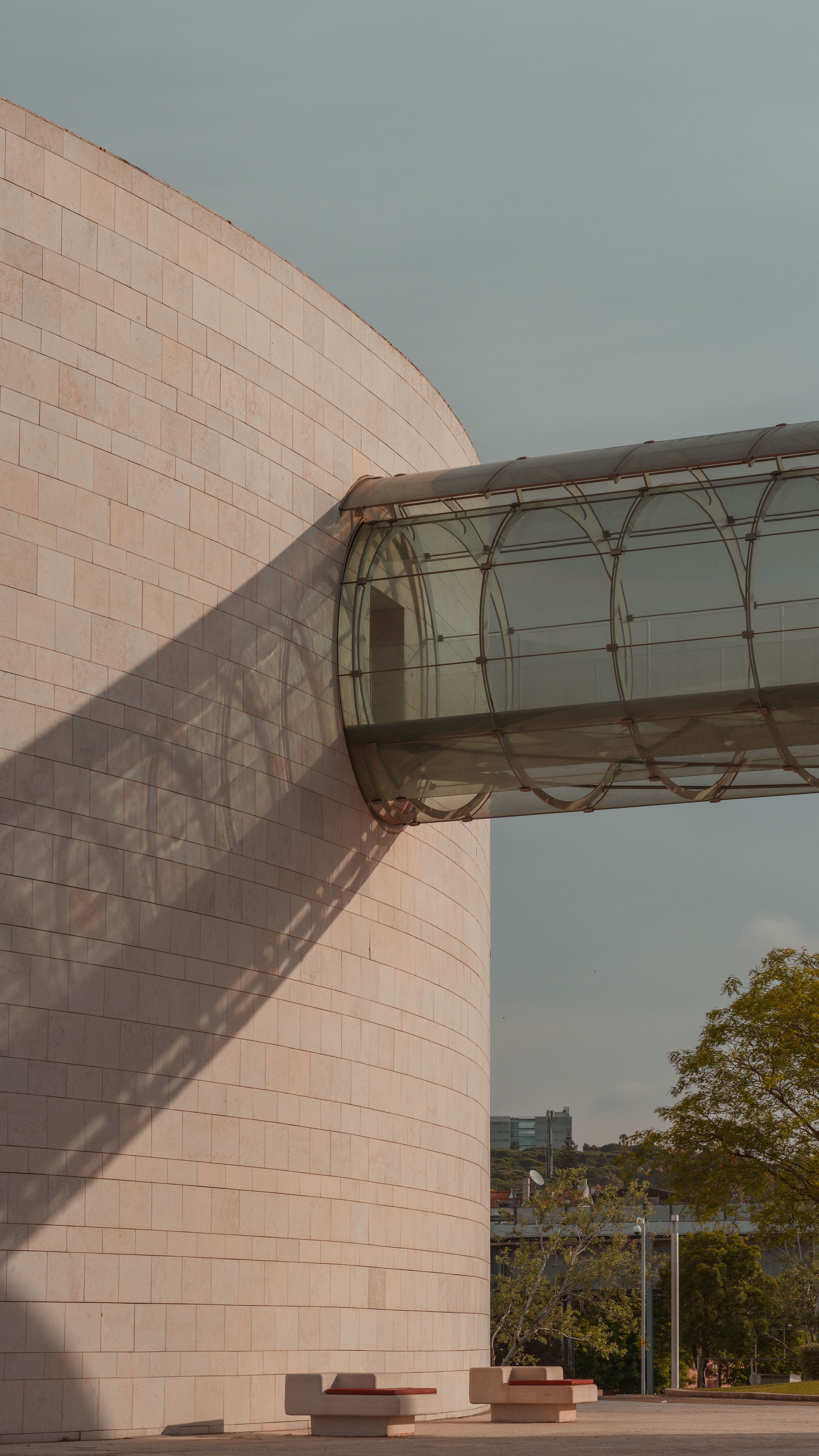 Fotomural Puente de cristal que proyecta sombras sobre el exterior curvo del edificio moderno.