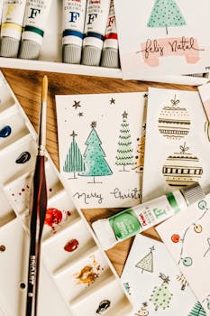 Creative handcrafted Christmas cards with watercolor art using tubes and brush.