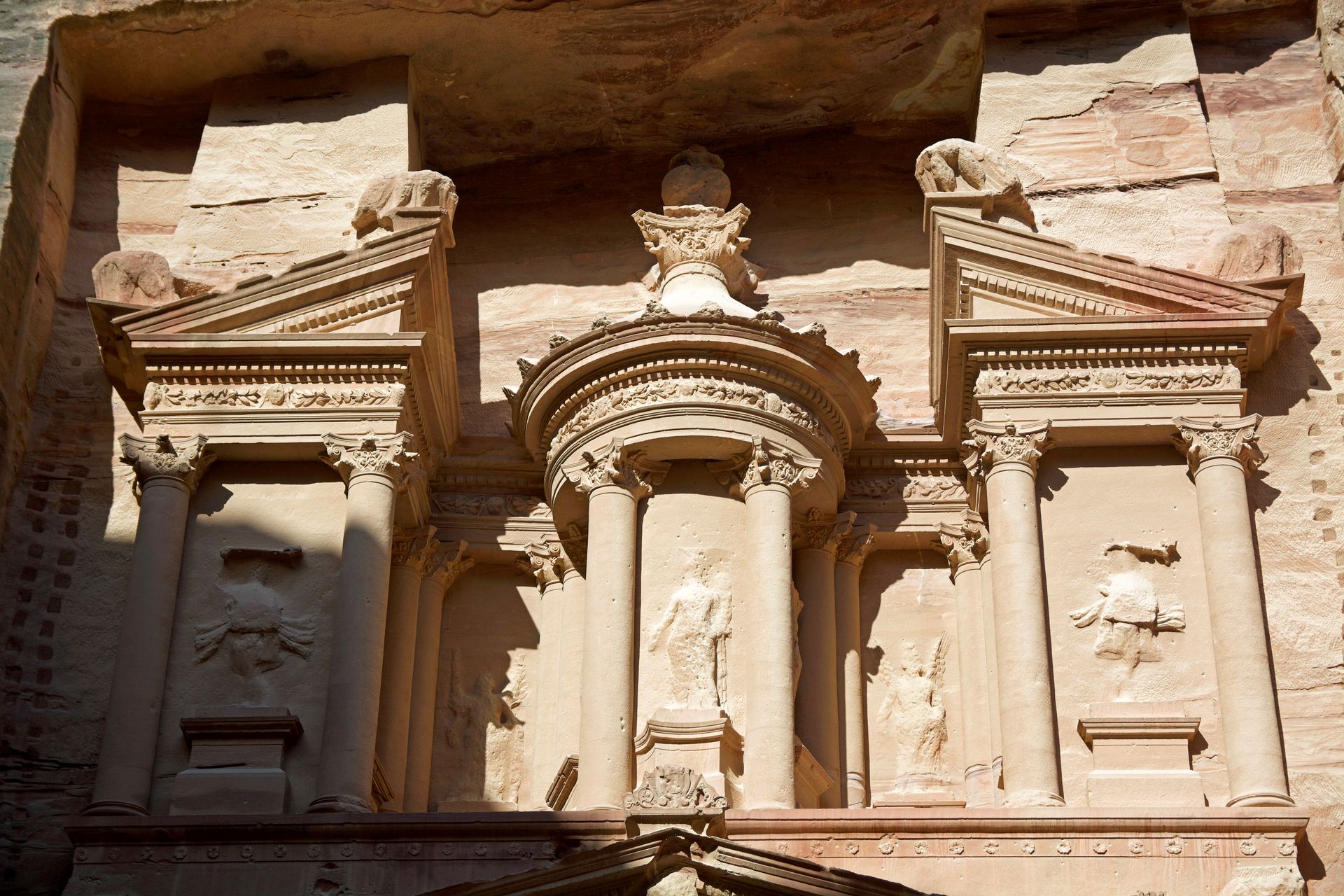 Front view of the Petra Treasury rock facade, Wadi Musa, Jordan.