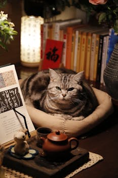 Grey tabby cat lounging in a comfortable bed surrounded by books and decor.