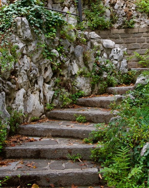 Free Stone steps surrounded by greenery and rocky walls, evoking a serene garden ambiance. Stock Photo