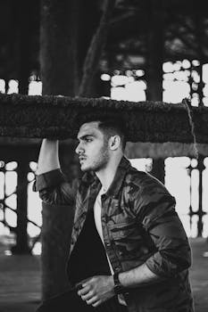 一张迷人的黑白肖像，捕捉了一个男人在户外的体贴姿态，强调了纹理与对比度