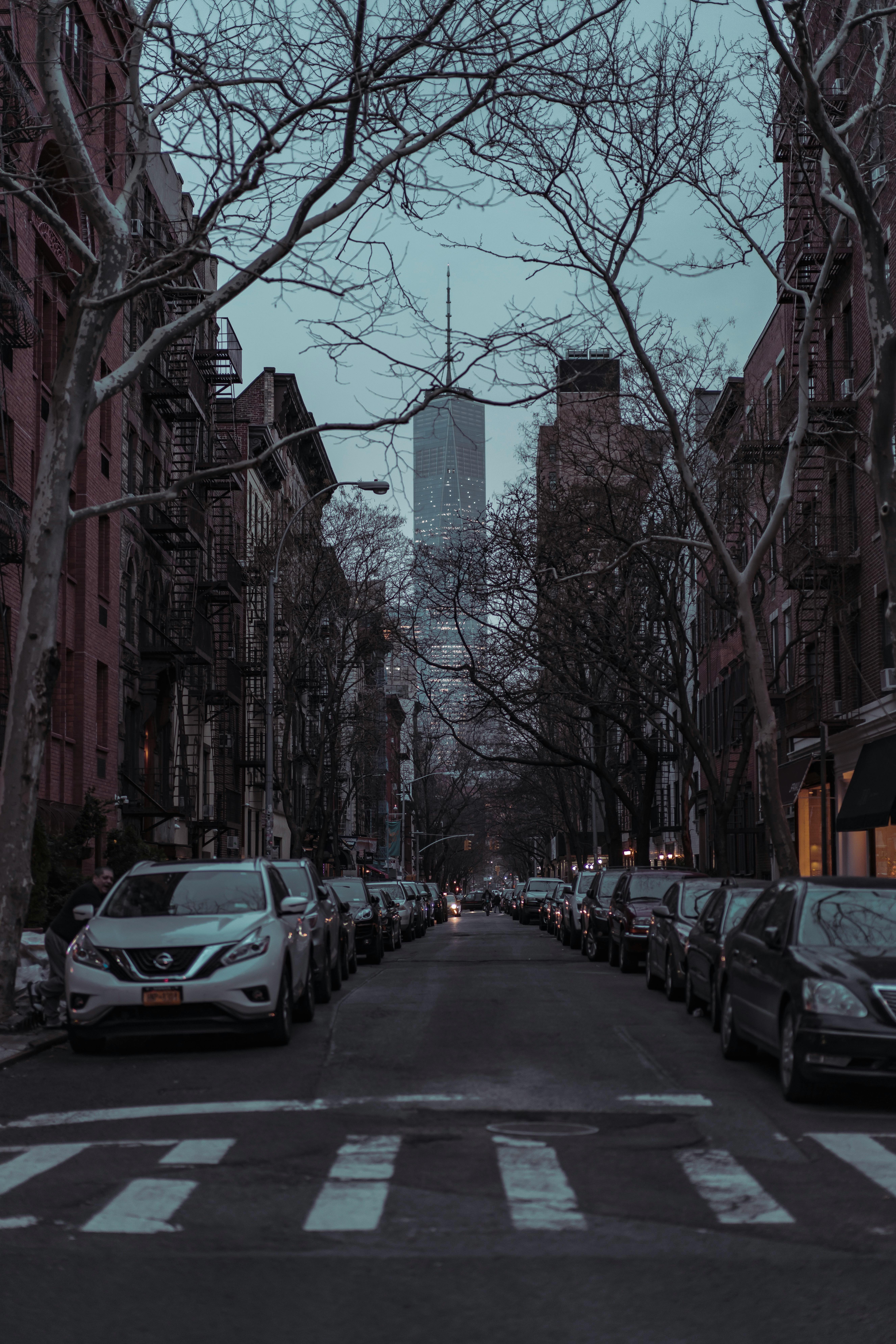 纽约市的夜晚，汽车在摩天大楼的背景下排成一行