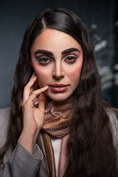 Close-up portrait of a woman with luxurious makeup and scarf in Dubai.