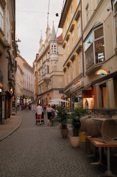 Explore the beauty of an Austrian city street filled with historic architecture and vibrant life.