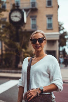 在新泽西州里奇伍德的一条别致街道上，一位戴墨镜的时尚女性正在微笑