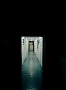 黑暗狭窄的走廊里，一扇敞开的门营造出神秘的氛围