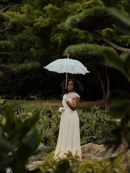 A woman in a vintage dress holding a parasol in a lush garden, evoking a classic, romantic atmosphere.