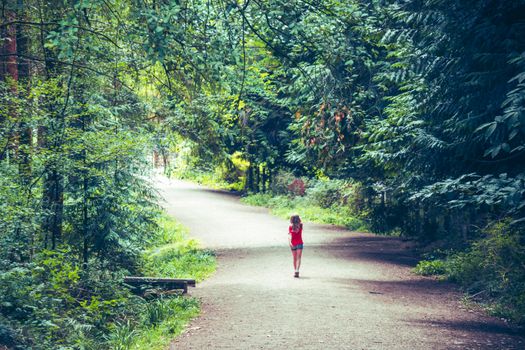 Child walks along a peaceful forest path under lush green trees during summer daylight.